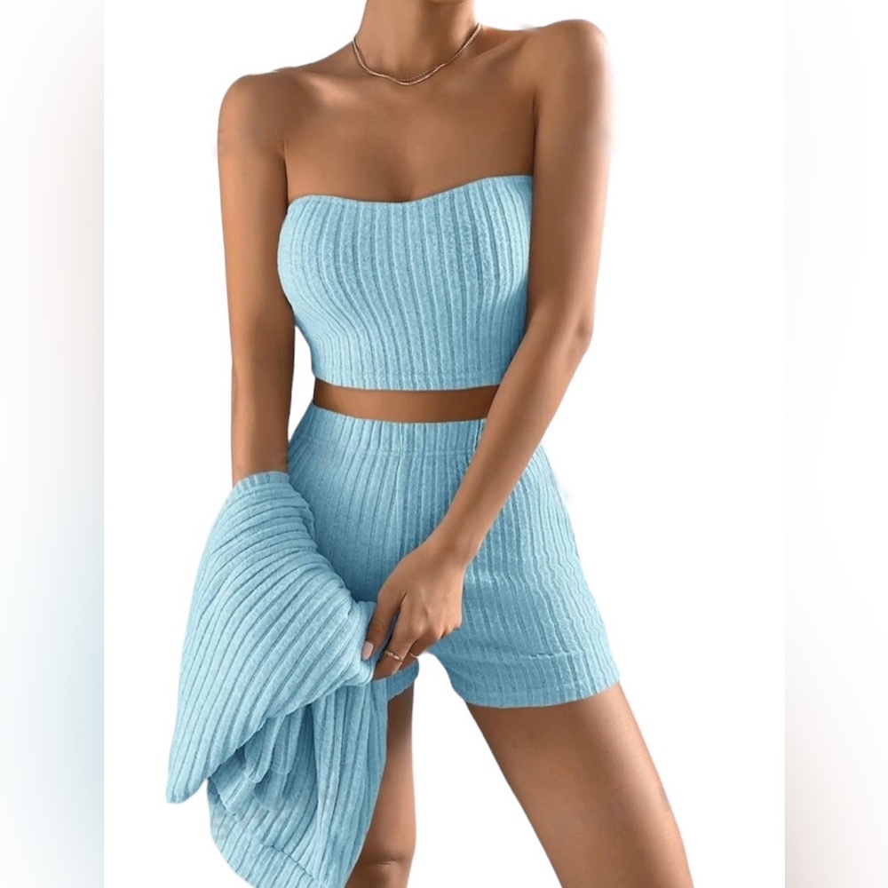 Drop Shoulder Open Front Coat & Tube Top & Shorts